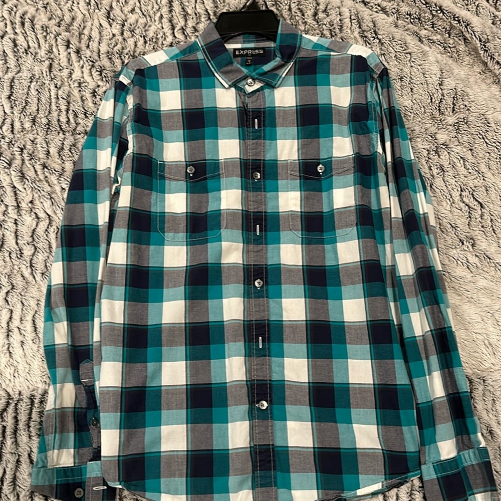 Express Men’s Blue/Green Plaid Casual Button Up